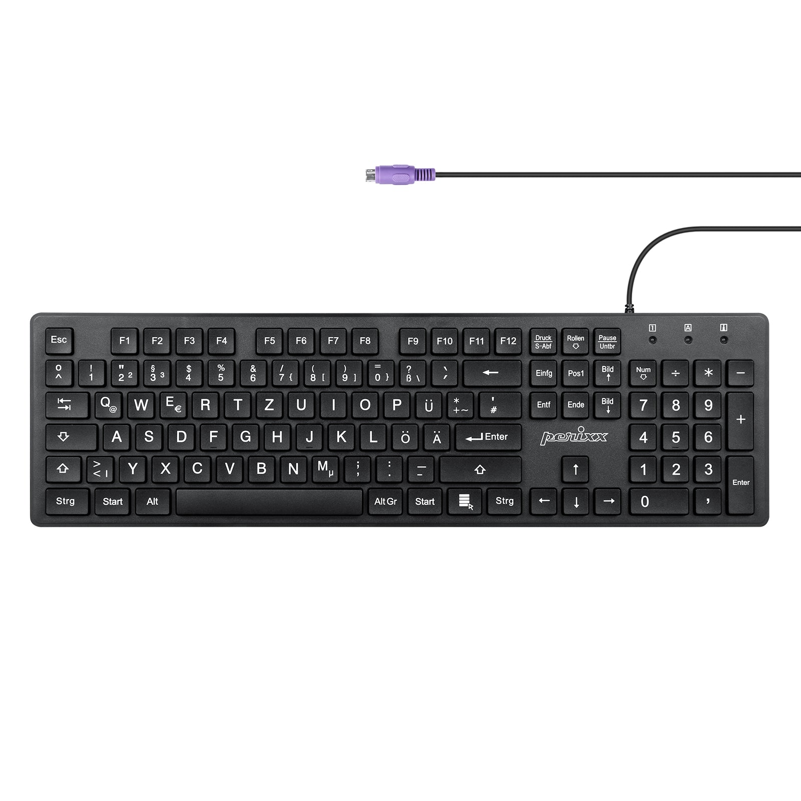 PERIBOARD-117P Wired PS2 Full Size Keyboard - Big Print Letters - Black - English - Perixx Europe
