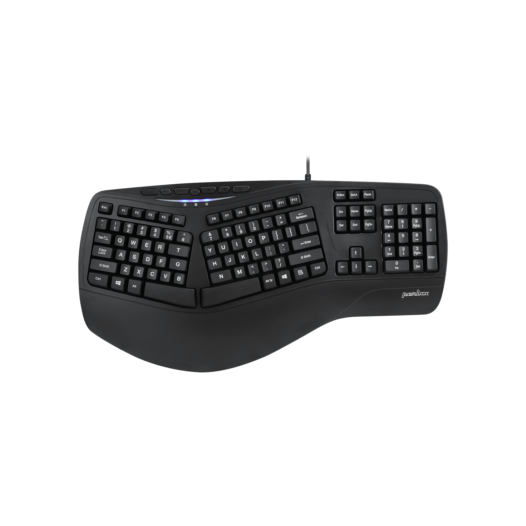 PERIBOARD-312 - Wired Backlit Ergonomic Keyboard Large Print Letters Extra USB Ports - Perixx Europe