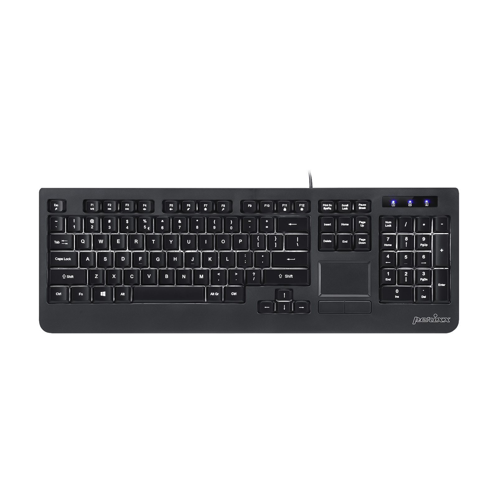 PERIBOARD-313 - Wired Backlit Touchpad Keyboard Extra USB Ports (US QWERTY Layout) - Perixx Europe