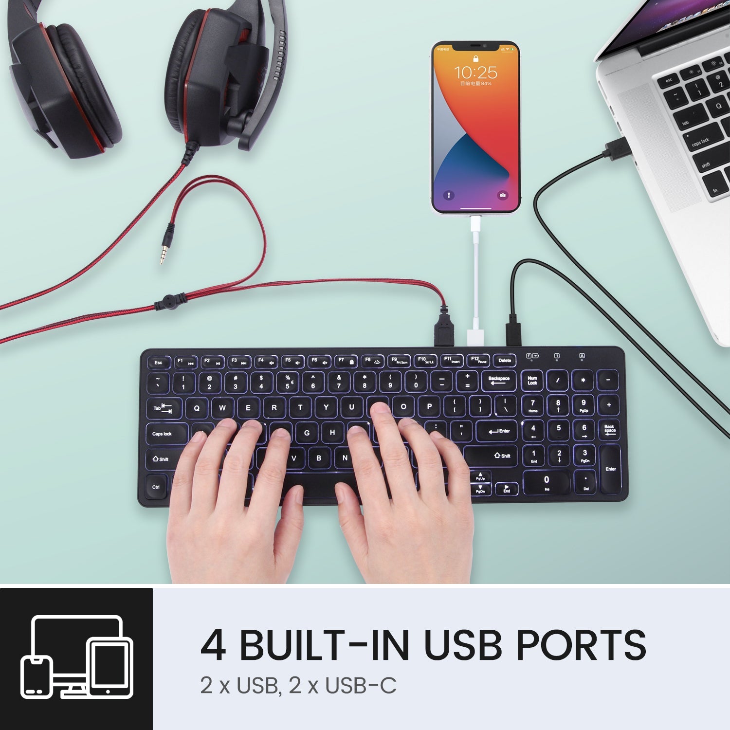 PERIBOARD-615B Wireless & Wired 3-in-1 Multi-Device Keyboard, Ultra-Slim Design, Built-in USB-A & C Passthrough, Illuminated Keys - Perixx Europe
