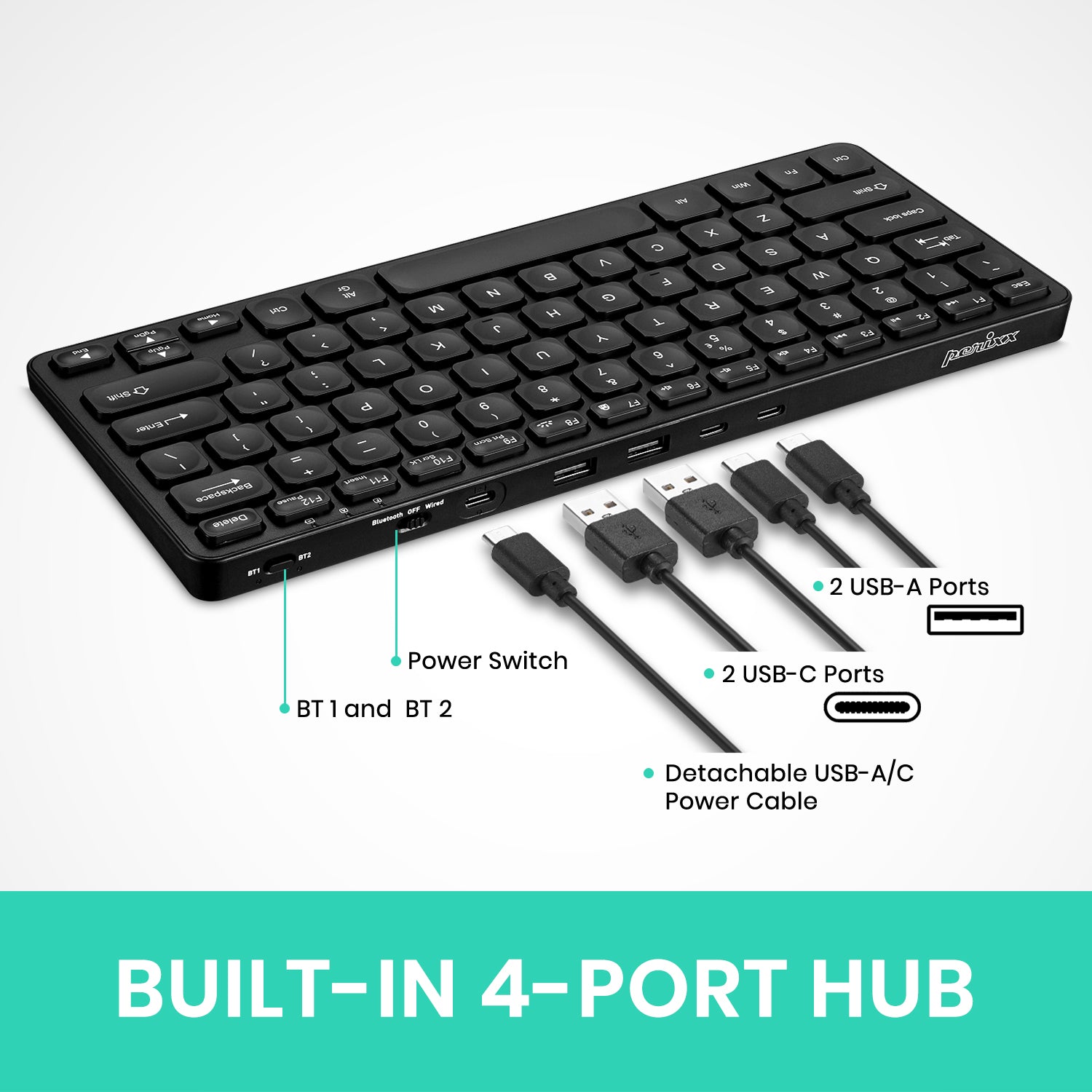 PERIBOARD-616B Wireless & Wired 3-in-1 Multi-Device Mini Keyboard, Ultra-Slim Design, Built-in USB-A & C Passthrough, Illuminated Keys - Perixx Europe