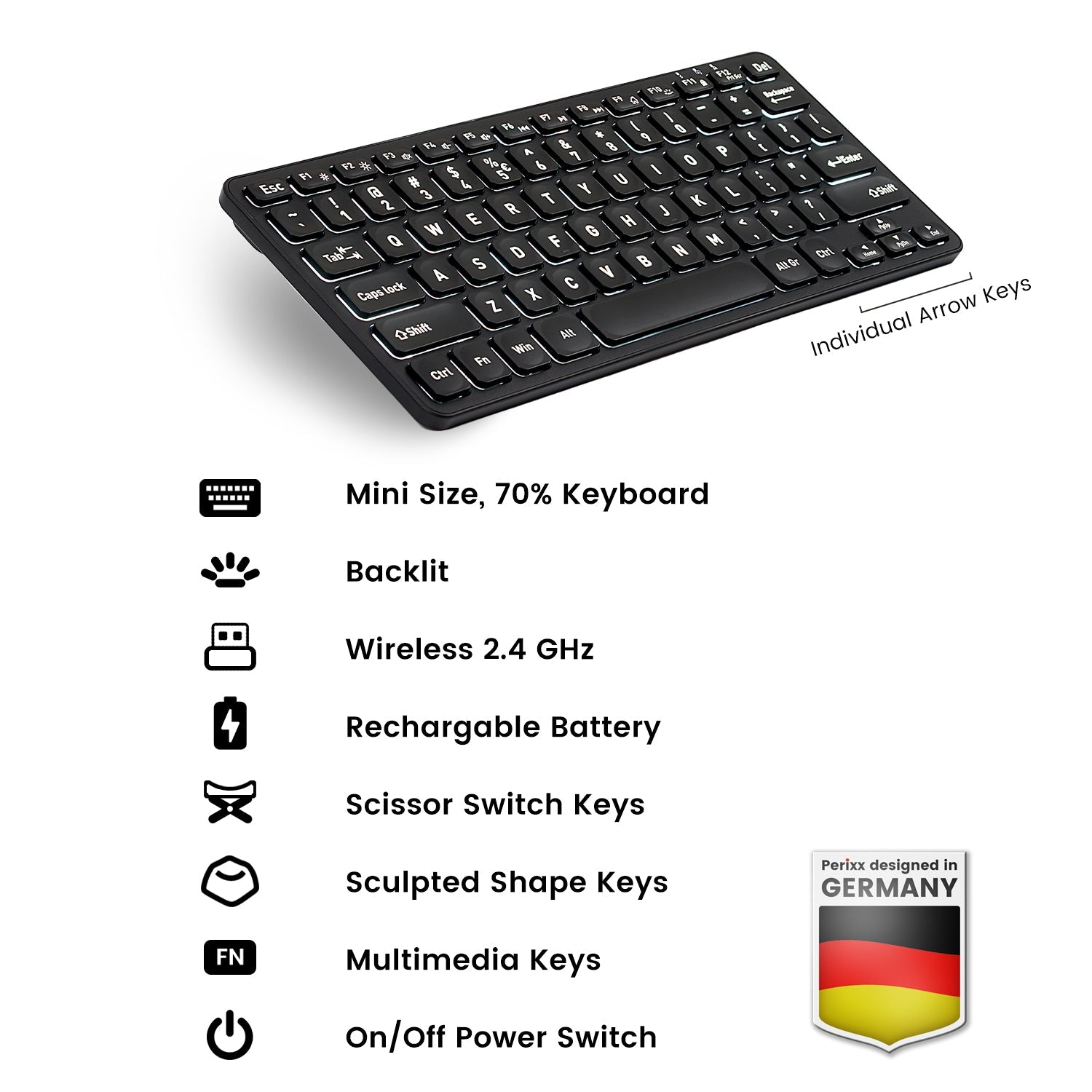 PERIBOARD-732 Wireless Mini Backlit Rechargeable Scissor Keyboard 70% with Large Print Letters - Perixx Europe