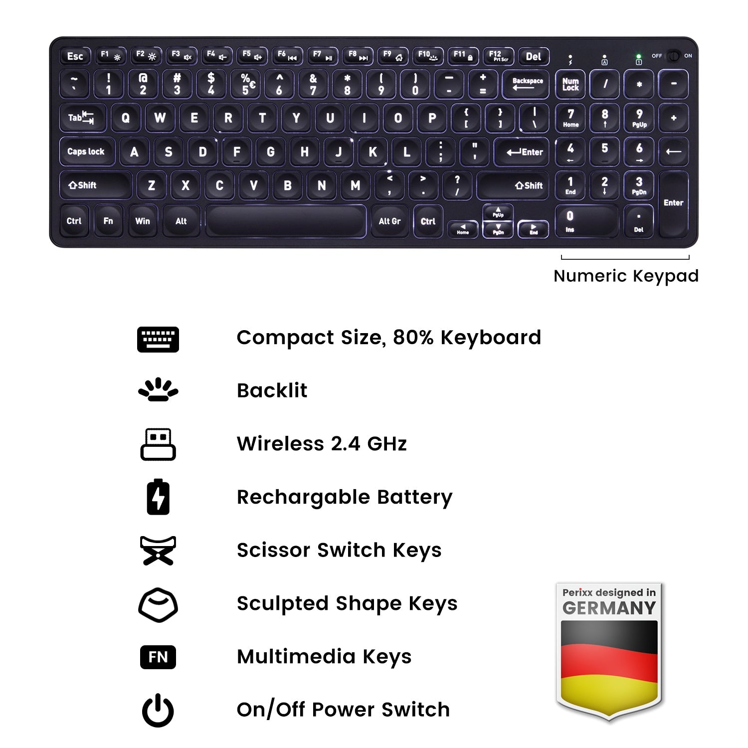PERIBOARD-733 Wireless Compact Backlit Rechargeable Scissor Keyboard 80% with Large Print Letters and built-in Numpad - Perixx Europe