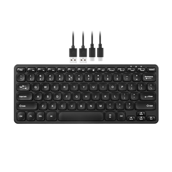 PERIBOARD-616B Wireless & Wired 3-in-1 Multi-Device Mini Keyboard, Ultra-Slim Design, Built-in USB-A & C Passthrough, Illuminated Keys