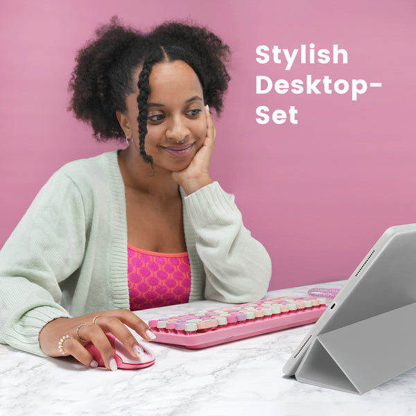 PERIDUO-802PK Bluetooth Mini Keyboard and Mouse Combo - Retro Round Key Caps - Pastel Pink
