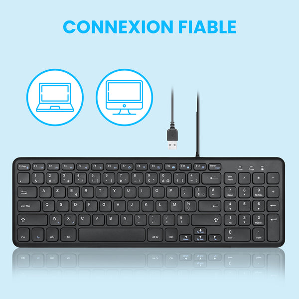 avec disposition complète, y compris un clavier numérique. Les icônes ci-dessus indiquent la compatibilité des ordinateurs portables et des ordinateurs de bureau. Le texte indique « CONNEXION FIABLE ».