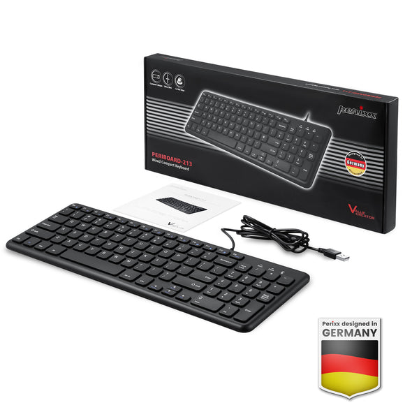 avec boîte de produit. Comprend une mise en page complète, un clavier numérique et des touches discrètes. La boîte indique le design allemand et met en évidence les fonctionnalités multimédia.