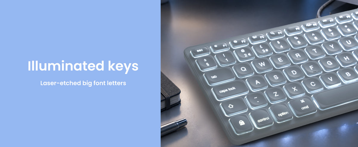 Text reads 'Illuminated keys' with subtitle 'Laser-etched big font letters'. Split image showing blue background with white text on left, and close-up of silver keyboard with illuminated keys on right.