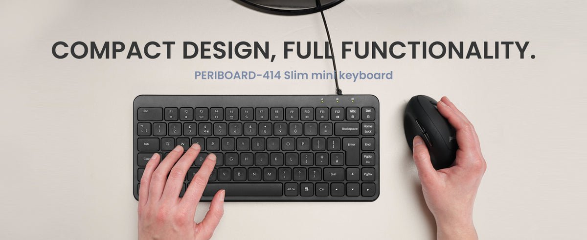 Text reads 'COMPACT DESIGN, FULL FUNCTIONALITY.' A wireless keyboard shown in a lifestyle setting, demonstrating its slim profile and full-size key layout.