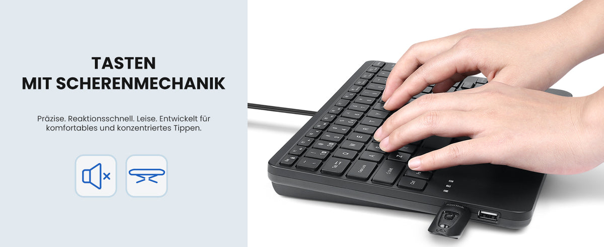 Der Text lautet „TASTEN MIT SCHERENMECHANIK“. Schwarze ergonomische Tastatur mit Ziffernblock, von oben abgebildet, mit Hand, die das Drücken der Taste demonstriert. Verfügt über Schalter mit Scherenmechanik.