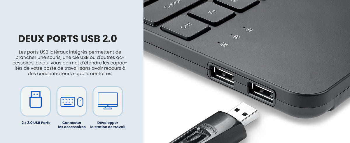 Le texte indique « DEUX PORTS USB 2.0 » avec une description en français des deux ports USB 2.0. Ordinateur portable ou appareil de couleur foncée avec un connecteur de câble USB en gros plan montrant l'accessibilité des ports.