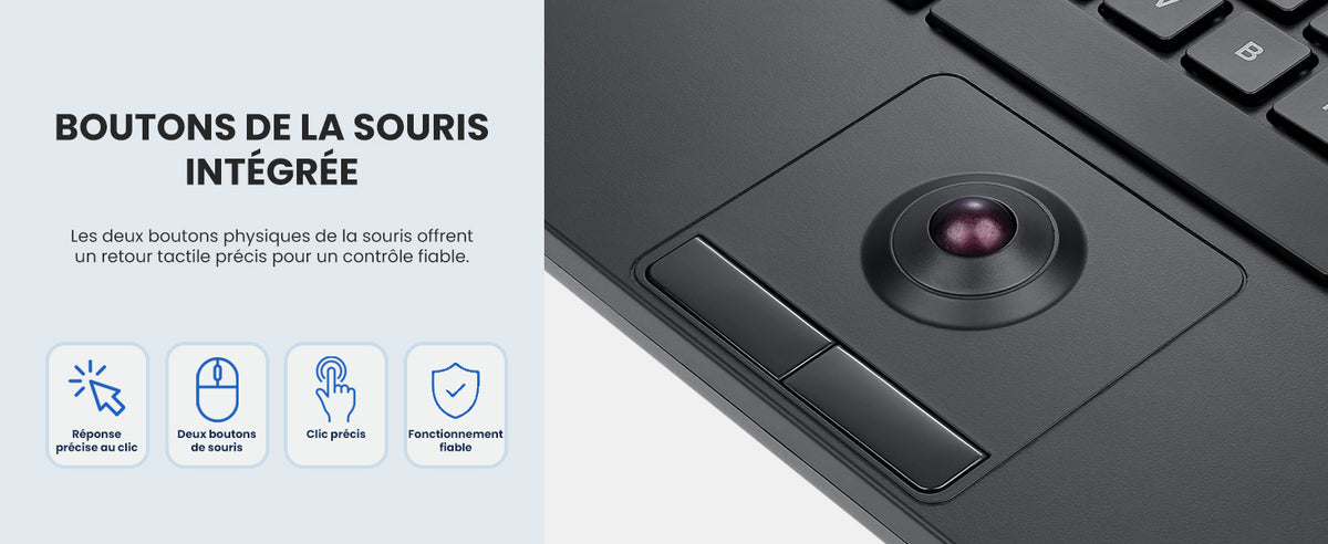 Le texte indique « BOUTONS DE LA SOURIS INTEGRÉS » avec quatre icônes illustrant les fonctions gestuelles de la main. Panneau de commande ou surface de l'appareil sombre avec les boutons de souris intégrés indiqués.
