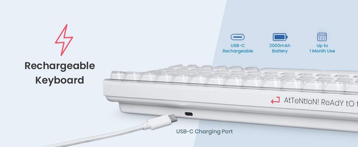 Text reads 'Rechargeable Keyboard', 'AiTech'. White wireless keyboard shown from angled view with USB-C charging port and battery specifications visible.