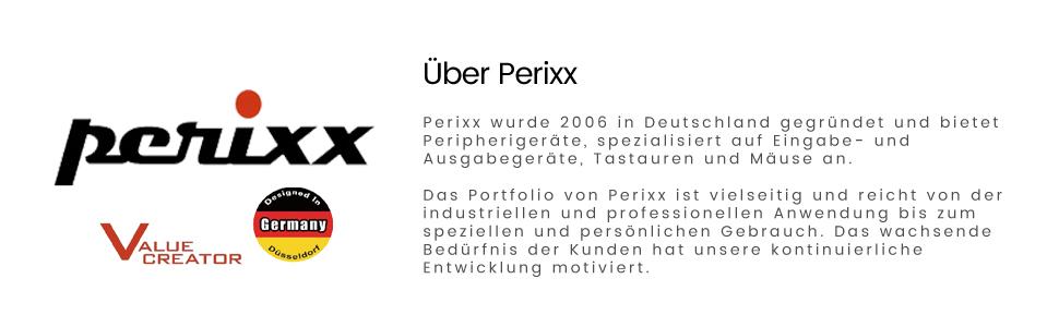 Logo affichant « perixx » dans un texte noir stylisé avec un point orange au-dessus. Du texte et des logos supplémentaires apparaissent ci-dessous, notamment « Value Creator » et un symbole du drapeau allemand