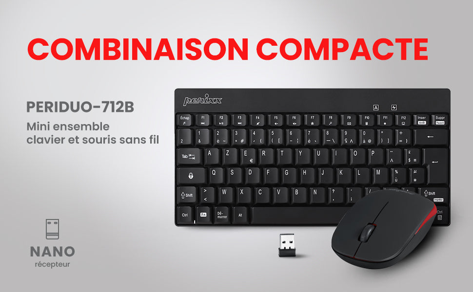 Le texte indique « COMBINAISON COMPACTE » et « PERIODO-7128 ». Disposition marketing montrant la configuration du clavier et de la souris sans fil sur fond blanc avec des éléments végétaux décoratifs.