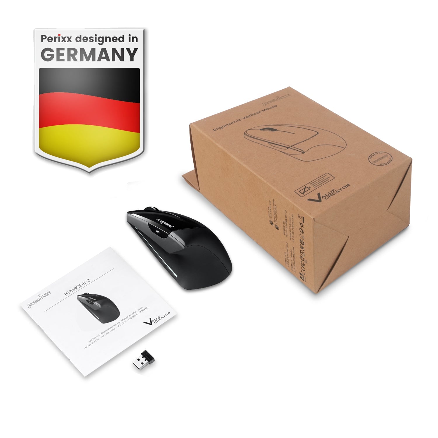 Souris Ergonomique Verticale Sans Fil Perixx - Rechargeable, Multi-appareils, DPI Réglable, Confort Poignet