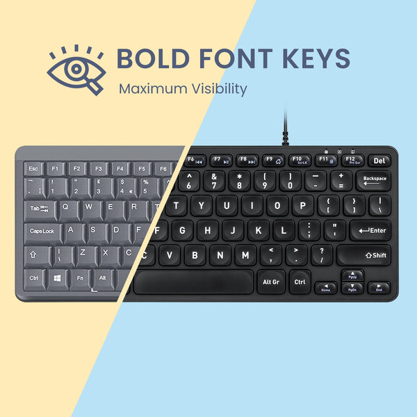 PERIBOARD-432 Wired Mini Scissor Keyboard 70% with Quiet Keys and Large Print Letters provides maximum visibility with bold font keys.