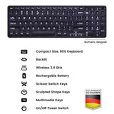 PERIBOARD-733 Wireless Compact Backlit Rechargeable Scissor Keyboard 80% with Large Print Letters and built-in Numpad : Backlit, compact size 80%, wireless 2.4GHz, rechargeable battery, scissor switch, sculpted shape keys, multimedia hotkeys, on/off power switch.