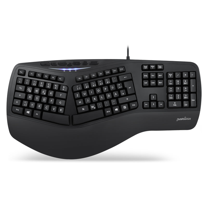 PERIBOARD-312 - Wired Backlit Ergonomic Keyboard Large Print Letters Extra USB Ports in DE layout.