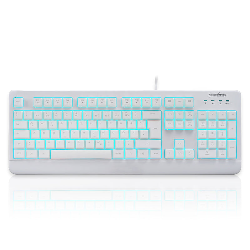 PERIBOARD-327 - White Waterproof And Dustproof Backlit Keyboard in light blue backlit in DE layout.