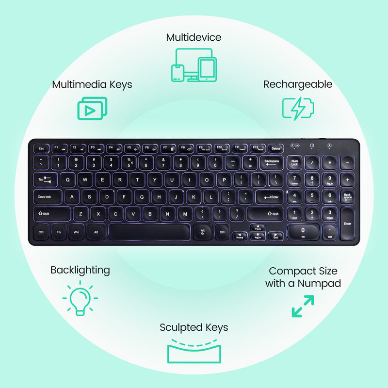PERIBOARD-615B Wireless & Wired 3-in-1 Multi-Device Keyboard, Ultra-Slim Design, Built-in USB-A & C Passthrough, Illuminated Keys