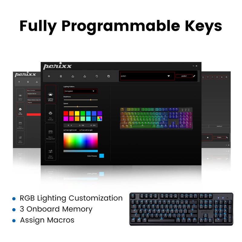 Perixx PX-5300 Wired Backlit Mechanical Gaming Keyboard 100% with fully programmable keys. rgb lighting customization. 3 onboard memory. Assign macros.