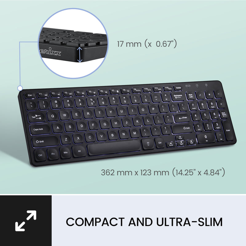 PERIBOARD-615B Wireless & Wired 3-in-1 Multi-Device Keyboard, Ultra-Slim Design, Built-in USB-A & C Passthrough, Illuminated Keys