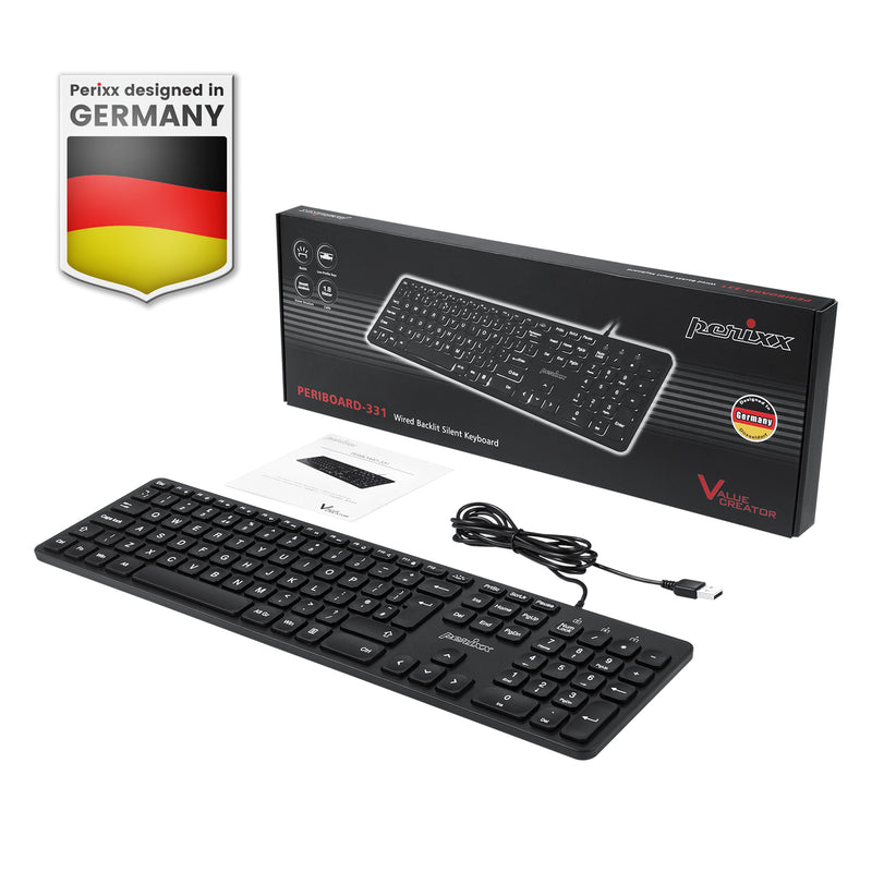 PERIBOARD-331 Wired Backlit Standard Scissor Keyboard Quiet Keys with Large Print Letters: Package and user manual.