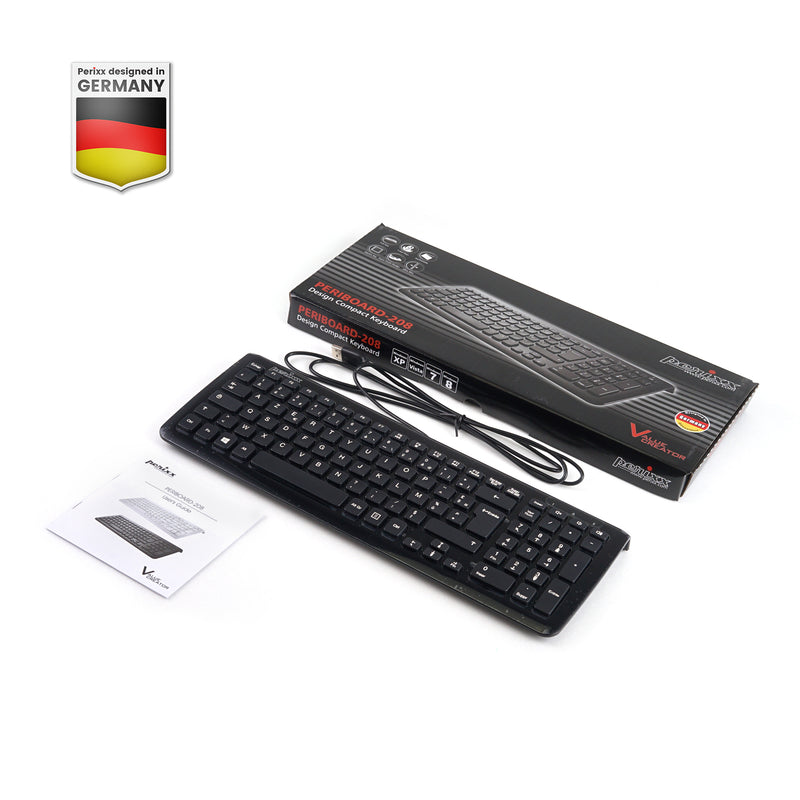 PERIBOARD-208 B - Wired Compact chiclet Keyboard with package and user manual.
