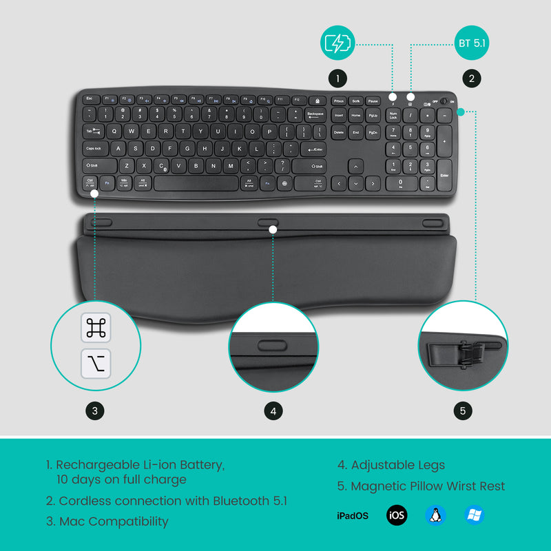 PERIBOARD-813B Slim Bluetooth Ergonomic Keyboard - Ergo Flow - US Layout