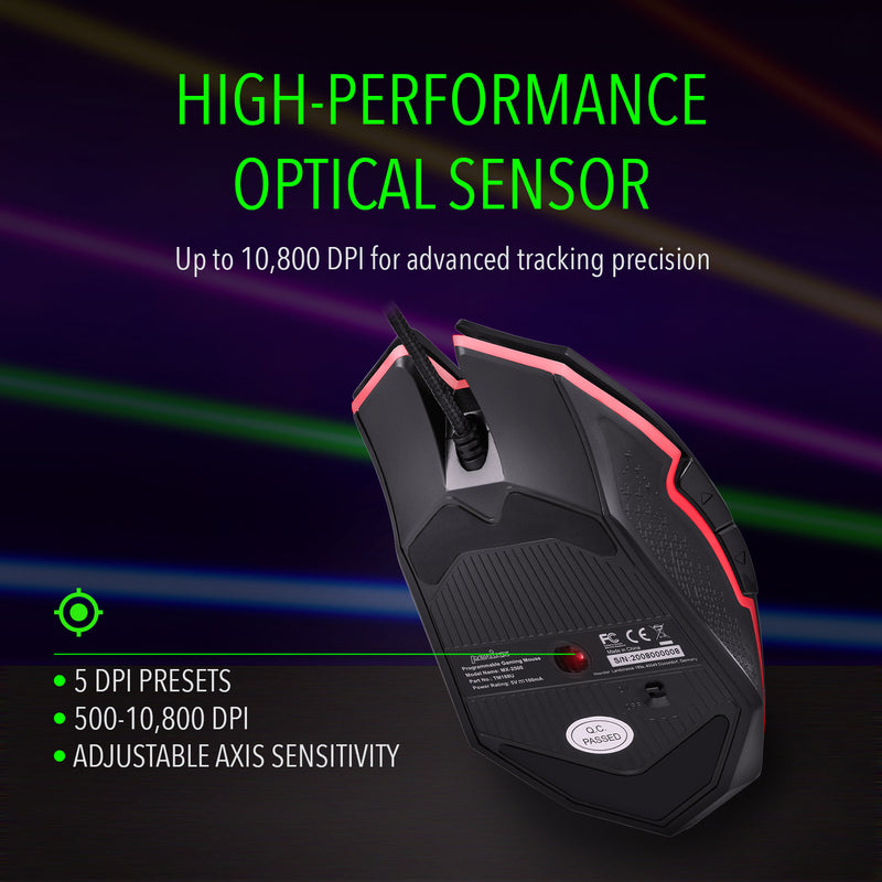 MX-2500B Programmable Gaming Mouse up to 10,800 dpi with 5 dpi presets, 500-10,800 dip and adjustable axis sensitivity.