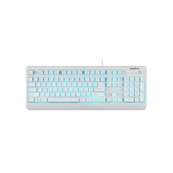 PERIBOARD-327 - White Waterproof And Dustproof Backlit Keyboard in light blue backlit.