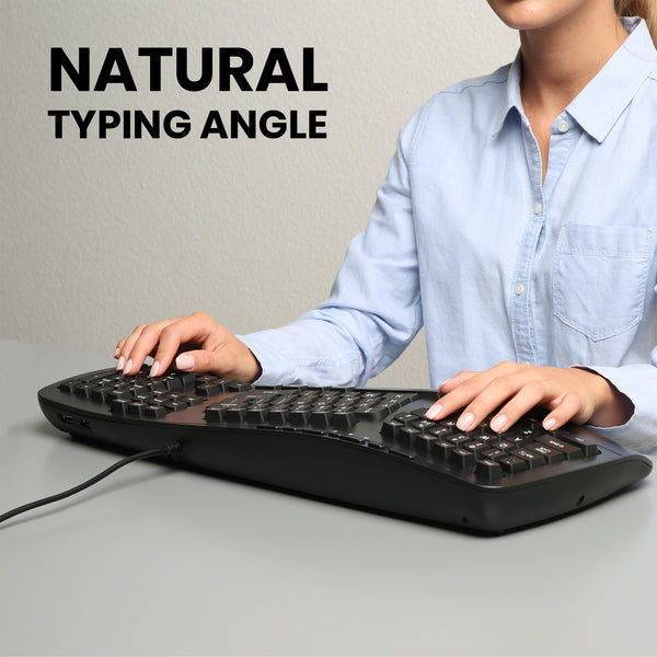 PERIBOARD-312 - Wired Backlit Ergonomic Keyboard Large Print Letters Extra USB Ports. A natural typing angle eases your wrist pain.
