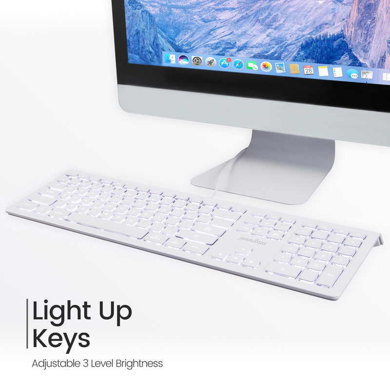 PERIBOARD-323 - Wired Backlit Mac Keyboard Quiet keys with white backlit and adjustable 3 level brightness.