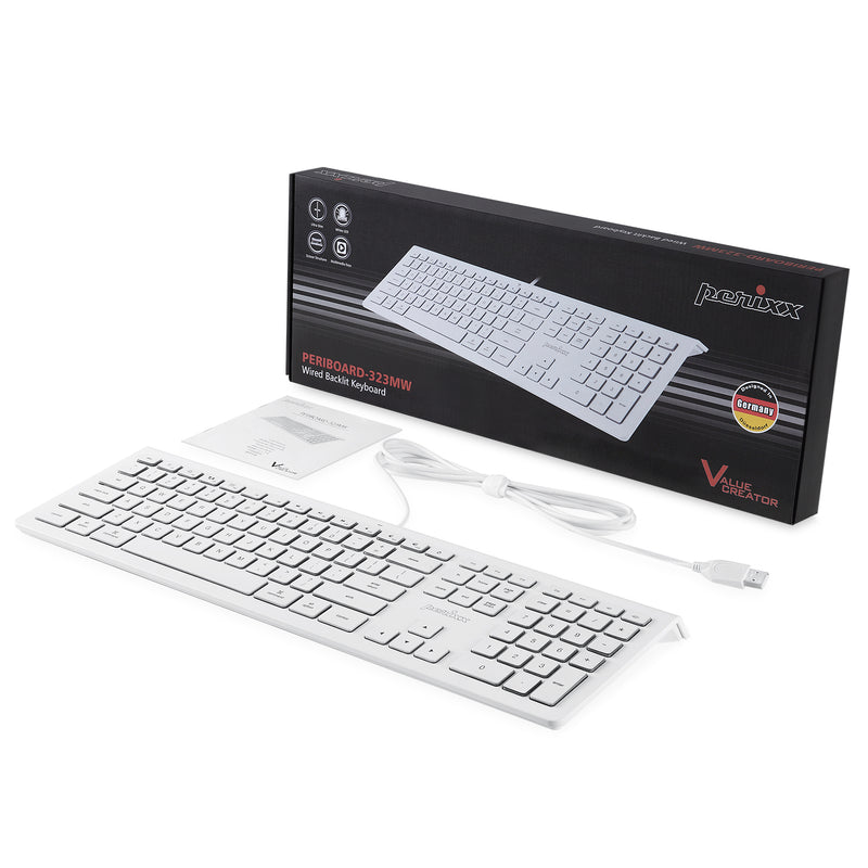 PERIBOARD-323 - Wired Backlit Mac Keyboard Quiet keys with package and user manual
