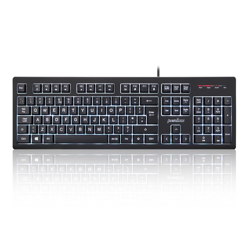 PERIBOARD-329 - Wired Backlit Keyboard Quiet keys with Large Print Letters in blue backlit in UK layout.