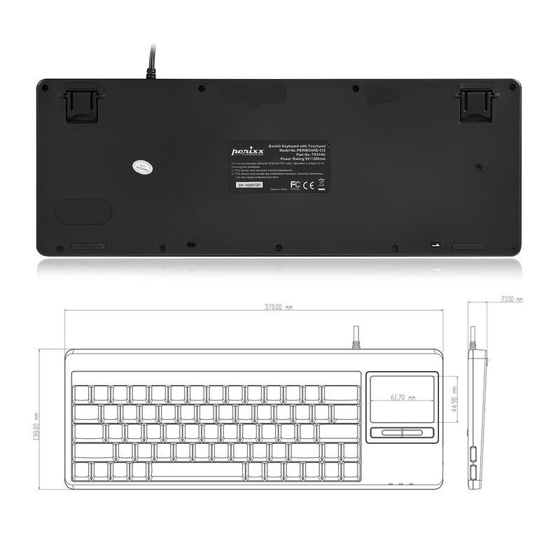 PERIBOARD-515 H PLUS - Wired Touchpad Keyboard 75% extra USB ports : Label on the backside and dimensions.