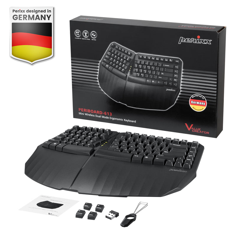 PERIBOARD-613 B - Wireless Ergonomic Keyboard 75% plus Bluetooth Connection with package, user manual and additional components.