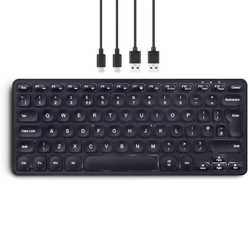 PERIBOARD-616B Wireless & Wired 3-in-1 Multi-Device Mini Keyboard, Ultra-Slim Design, Built-in USB-A & C Passthrough, Illuminated Keys