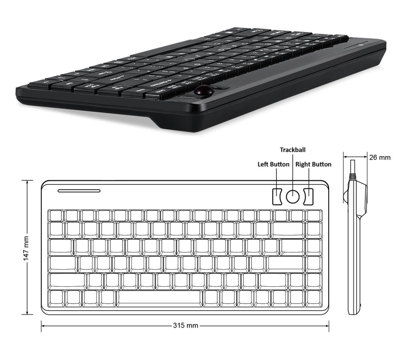 PERIBOARD-706 PLUS - Wireless Trackball Keyboard 75%. 31.5 x 14.7 x 2.6 cm.