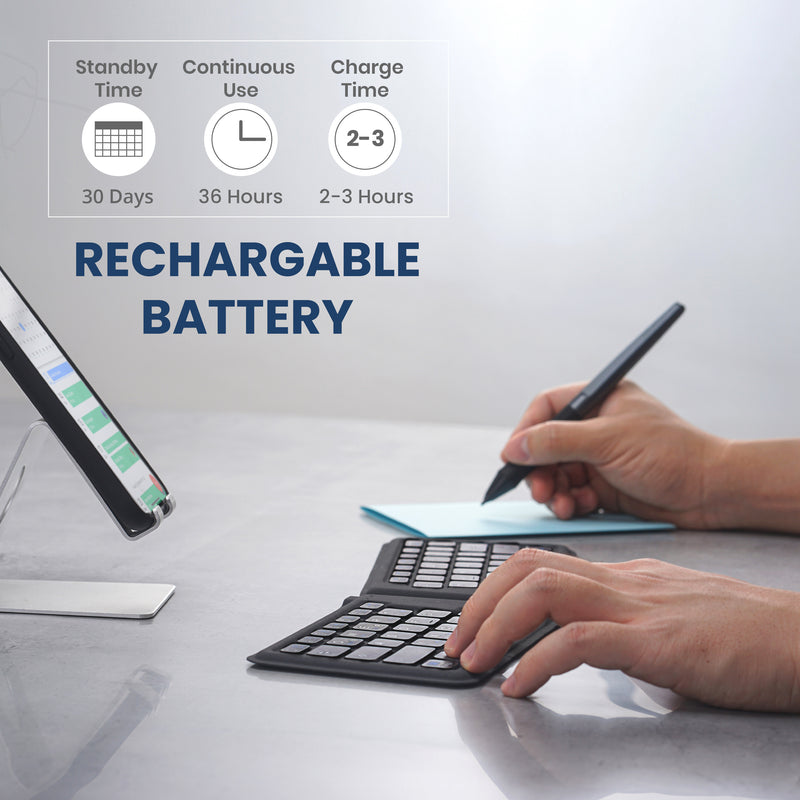 PERIBOARD-805 E - Portable Bluetooth 70% Ergonomic Keyboard can stand by for almost a month and be continuously used for 36 hours. Charge time: 2-3 hours.