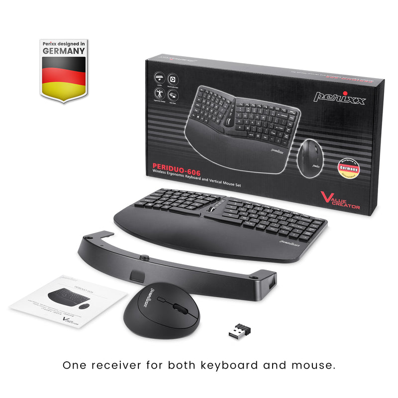 PERIDUO-606 - Wireless Ergonomic Combo (75% keyboard and vertical mouse) with package and user manual.