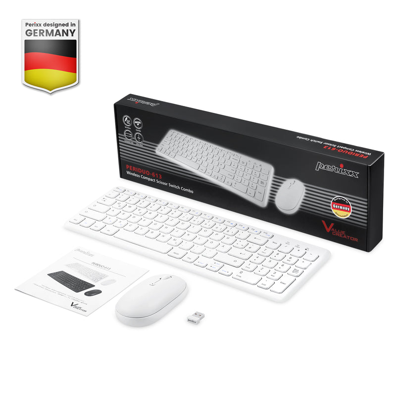 PERIDUO-613 W - Wireless White Compact Set 90% Quiet Keys Keyboard and Quiet Click Mouse with package and user manual.