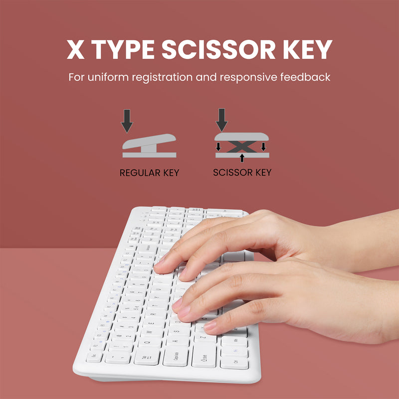 PERIDUO-613 W - Wireless White Compact Set 90% Quiet Keys Keyboard and Quiet Click Mouse. X type scissor key mechanism for uniform registration and responsive feedback.