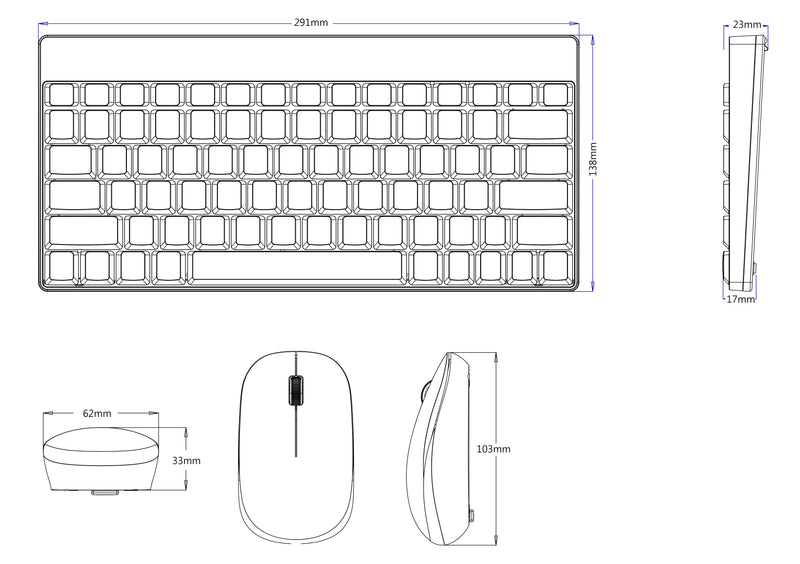 PERIDUO-712 W - Wireless White Mini Combo (75% keyboard) dimensions.