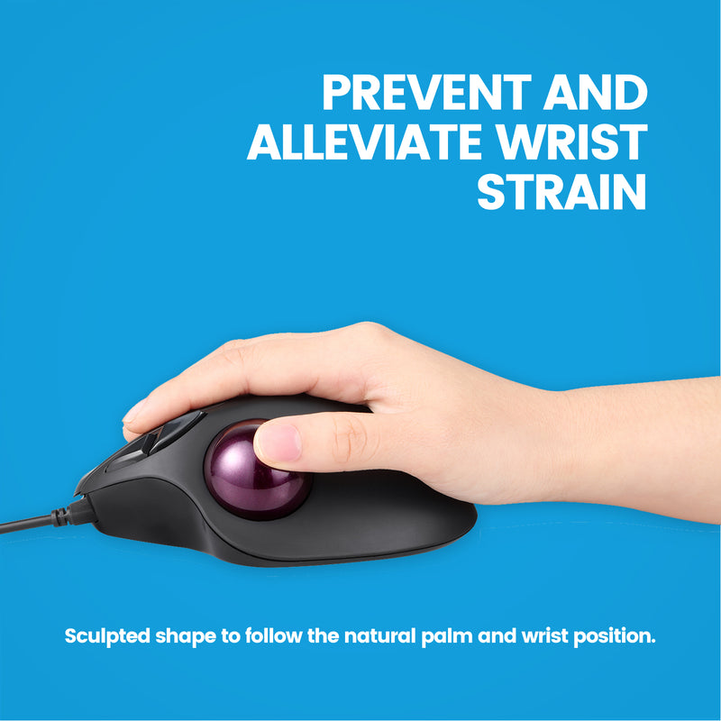 PERIMICE-517 - Wired Ergonomic Vertical Trackball Mouse Silent Click. Sculpted shape to follow the natural palm and wrist position. Prevents or alleviates your wrist pain.