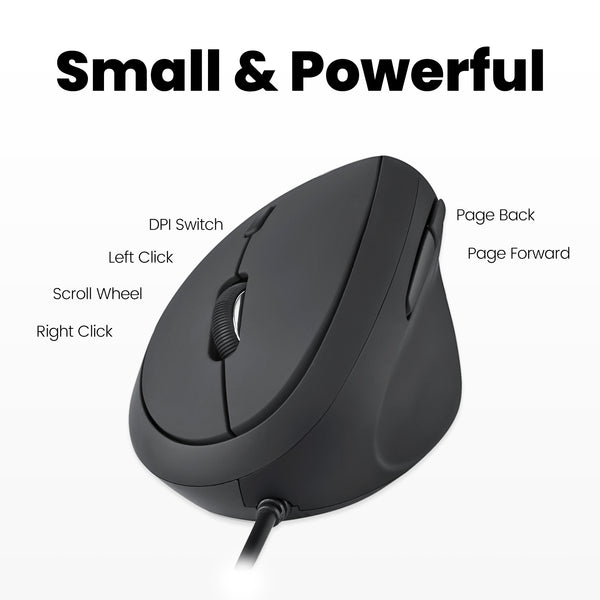 PERIMICE-519 - Wired Ergonomic Vertical Mouse with Silent Click. Small and powerful with 6 buttons.