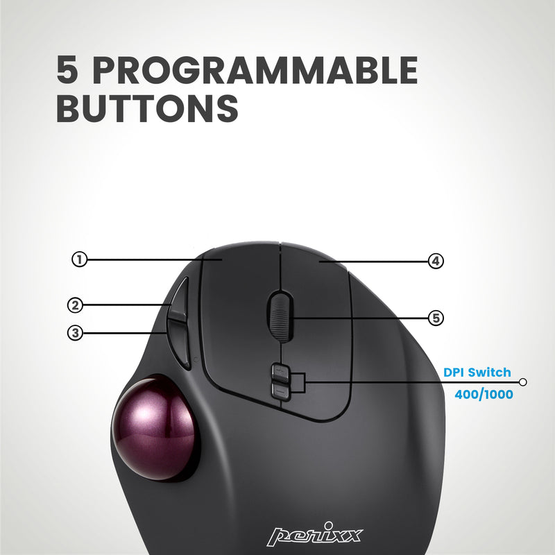 PERIMICE-717 - Wireless Ergonomic Vertical Trackball Mouse with 5 Programmable Buttons plus dpi switch 400/1000.