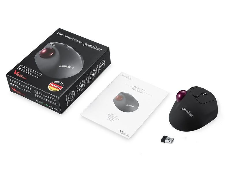 PERIMICE-717 - Wireless Ergonomic Vertical Trackball Mouse Programmable Buttons with package and user manual.