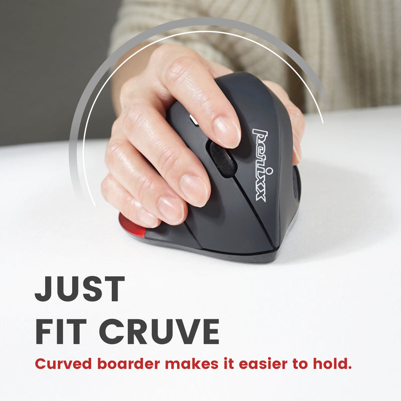 PERIMICE-718R – Wireless Ergonomic Vertical Mouse. The vertical design makes it easier to hold.